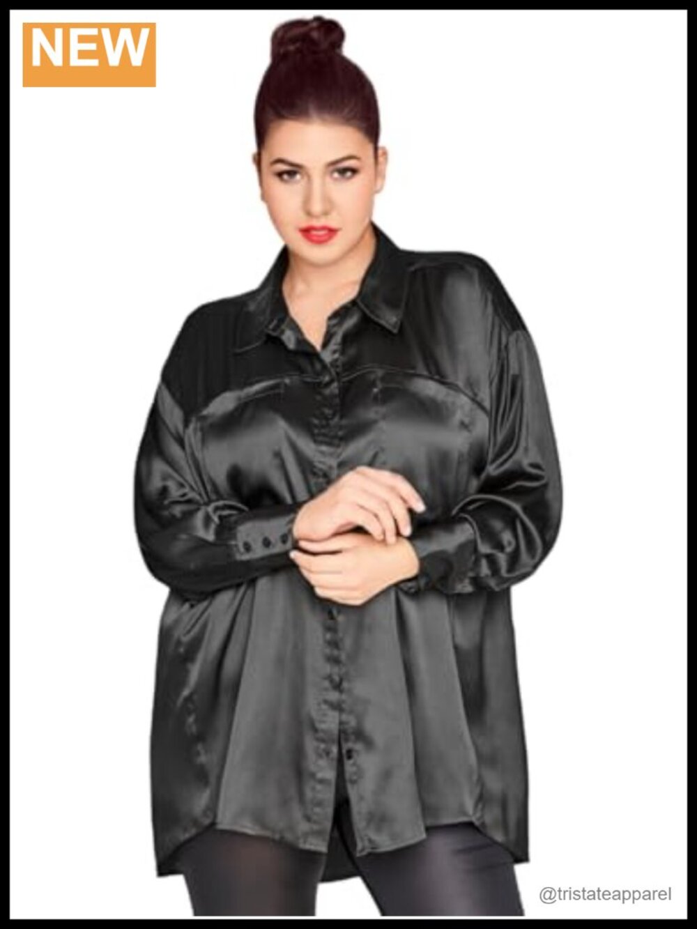 Plus Size Satin Silk Button Down Shirt with Pockets - Dressy Casual Hi Low